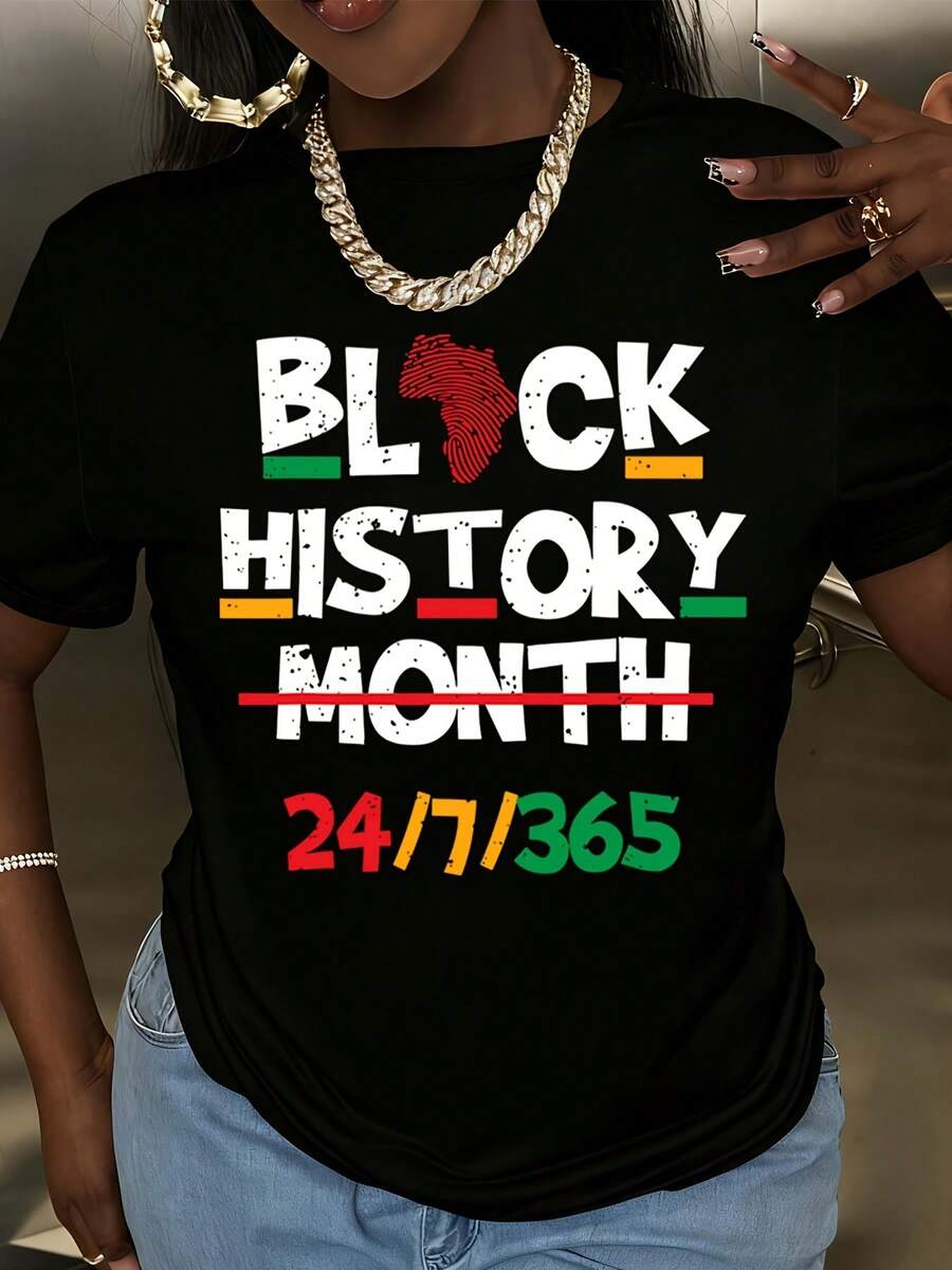 Black History Month 24 7 365 T Shirt For Women And Men African American Heritage Celebration Activewear Fashion Statement Graphic Tee - 黑色 - 查看 1
