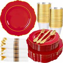 175 Red Plastic Dinner Plates - Includes 50 Plates, 25 Packs Of Pre-Rolled Napkins (With Utensils), And 25 Wedding Cups With Red Gold Trim Disposable Plates - 25-Person Baroque-Style Plastic Cutlery Set,Valentine's Day - 紅色 - 查看 1