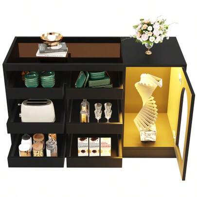 Chest Of Drawers, Black Dining Room Furniture, Simple And Modern, With LED Light, Ideal For Bedroom, Living Room Or Dining Room, 6 Drawers, Door With Hollow Glass