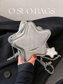 1pc Metallic Mini Star Bag, Glitter Coin Purse With Patch Design, Chic Crossbody Bag With Star Charm