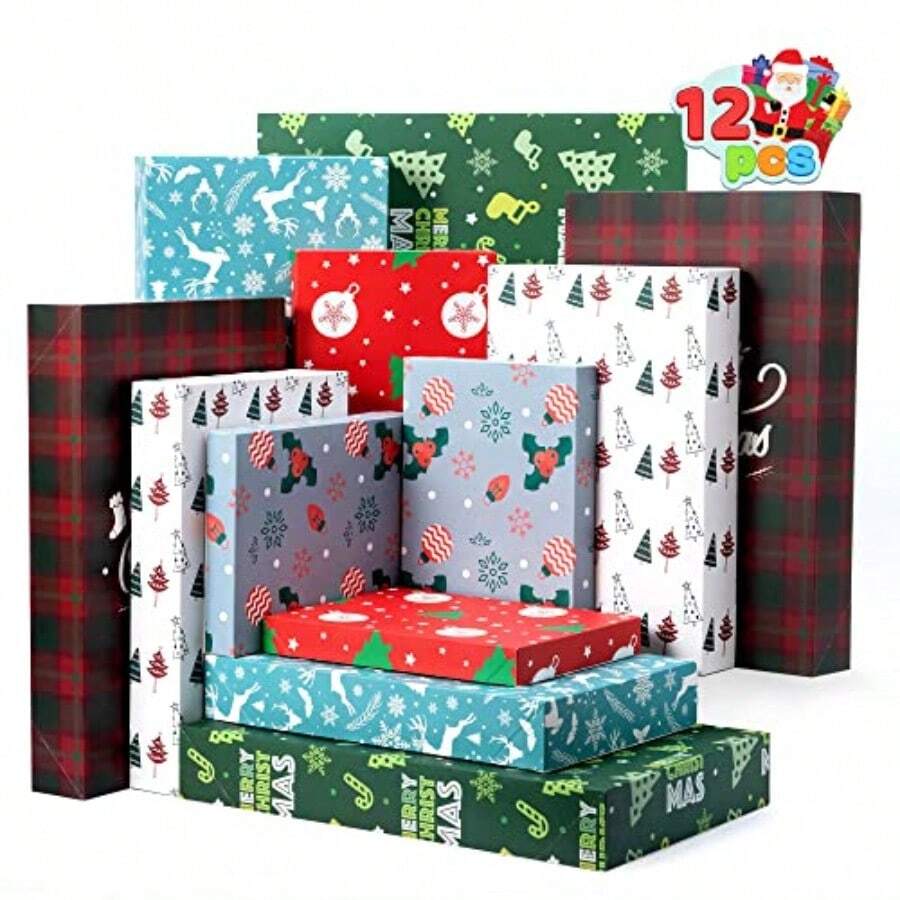 JOYIN 12 cajas de regalo de papel kraft de Navidad con tapas y base caja de envoltura de camisa de Navidad caja de regalo de dia festivo para aulas escolares decoraciones de fiesta 6 diseños - como en la foto - Ver 1