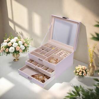 1 st. moderiktig enfärgad smyckeslåda för kvinnor med takfönster lämplig för halsband, ringar, armband, örhängen, smyckesdisplay, viktiga presenter för kvinnor, julklappar