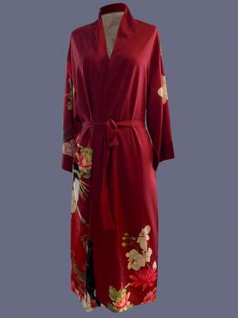 Kimono de manga 3/4 de longitud media con estampado floral como cubierta, chaqueta delgada y elegante de uso casual y suelto para mujer, adecuado para la playa, viajes, vacaciones, bata ligera con cinturón