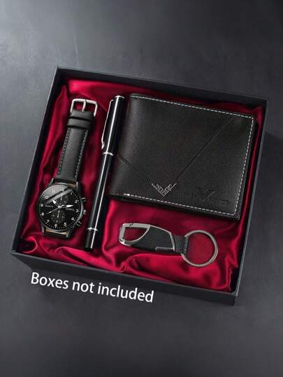 4 piezas/set de relojes de hombre con esfera circular de números árabes de estilo casual y elegante, correa de PU, reloj de cuarzo y llavero de bolígrafo y cartera de moda, perfecto para uso diario, regalos de cumpleaños, fiestas y reuniones festivas. También es un regalo ideal para uno mismo o para amigos. El regalo de Navidad perfecto (sin caja)