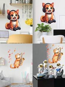 1 pieza Lindo adhesivo de pared de gato de dibujos animados naranja - Calcomanía autoadhesiva de PVC, adecuado para dormitorio, oficina o dormitorio - Diseño moderno y juguetón, decoración de dormitorio | Diseño de gato juguetón | Fácil de instalar, decoración de gato - Multicolor - Ver 1