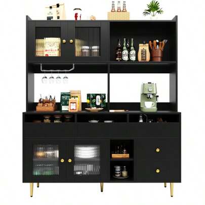 Restaurant-Hochschrank (145 X 39 X 171 Cm), With Changhong-Glastür, Weinglasregal, Mehrschichtiger Stauraum, Elegant Weiss Mit Golddekoration, Geeignet Für Restaurants(Previous Sku:N620P1915222324W)