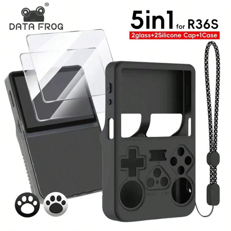 Ốp lưng DATA FROG 5 trong 1 bằng silicon mềm + kính cường lực cho máy chơi game R36S kèm dây đeo và miếng dán bảo vệ màn hình - bộ đồ - Xem 1