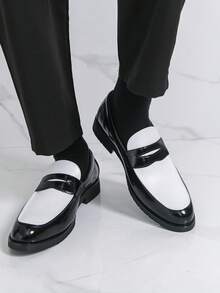 British Style Black & White Patchwork Business Formal Slip-On Shoes, Hairstylist Loafers, Men's Shiny Leather Elevator Shoes, Tasseled Moccasins, - 黑與白 - 查看 1