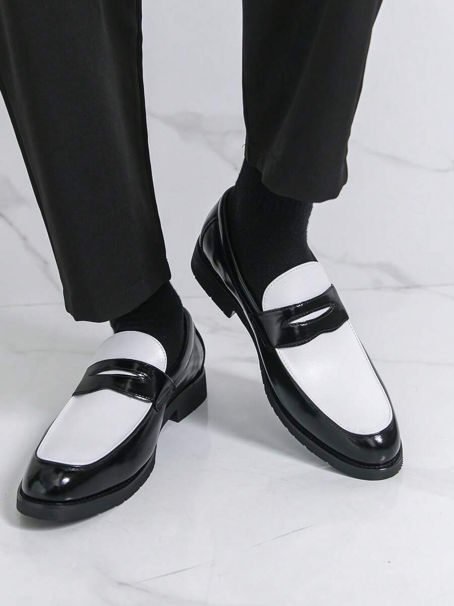 British Style Black & White Patchwork Business Formal Slip-On Shoes, Hairstylist Loafers, Men's Shiny Leather Elevator Shoes, Tasseled Moccasins, - 黑與白 - 查看 1