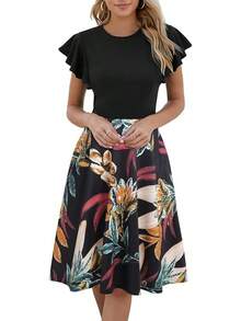 Women's Semi-Formal Ruffle Sleeve V-Back Work Fit And Flare Cocktail Knee Length Dress With Pockets, 2025 Style - 黑黃 - 查看 11
