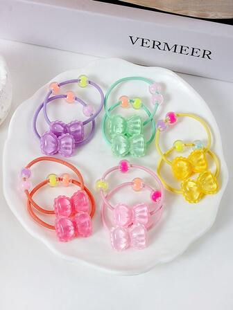 10pcs Macaron Color Cute Star Shaped Hair Scrunchies, Fresh Candy Color Jelly Beaded Elastic Hair Ties, Gentle On Hair, Stretchy Hair Bands For Sweet Girls, Daily & Party Wear, New Year Hair Accessories