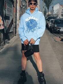 Y2K Hip Hoodie Spider Pattern Hoodie, Loose Fit Street Style Pullover, Casual Loose Jacket, Fashionable Sweatshirt - Màu xanh lam - Xem 3