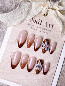 Bộ 10 miếng dán móng tay ngắn thủ công, bao gồm các kiểu móng Y2K, móng Pháp, móng hạnh nhân, móng nâu, móng trắng, móng đen, móng họa tiết da báo, móng vàng kim, móng vàng, được làm thủ công bằng gel, trang trí bằng hoa 5 cánh màu trắng chạm khắc thủ công đính đá, kèm theo dụng cụ làm móng, phù hợp cho phụ nữ và các cô gái sử dụng hàng ngày trong mùa thu/đông. - Màu nâu  Mocha - Xem 13