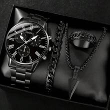 4 件套男士经典黑色商务石英表、箭头吊坠项链、手链和戒指