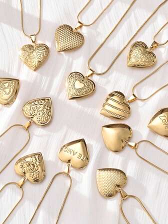 1件18K镀金不锈钢简约心形吊坠项链，可DIY照片收纳，节日纪念品，情人节礼物