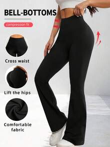 Women's Black Flare Pants, Casual Yoga Pants, Back To School Season, Autumn Women's Clothing, Pants, Sweatpants, Women's Full Length Trousers - Black - View 3