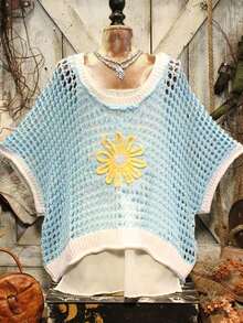 Women's Casual Comfortable Hollow-Out Blue Top, White Trim Contrast Yellow 3D Floral V-Neck Pullover Sweater, Suitable For Daily Casual, Beach, Holiday Summer - Baby Blue - View 2