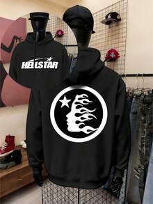 Unisex Fleece Lined Long-Sleeve Hoodie - Double-Sided HE'LL STAR Cool Graphic Print, Relaxed Fit, 270g 50% Cotton 50% Polyester Fleece Lined, Daily Wear For Fashion Enthusiasts, Valentine's Day Recommendations,2025 Street Retro Style Piece - Black - View 2
