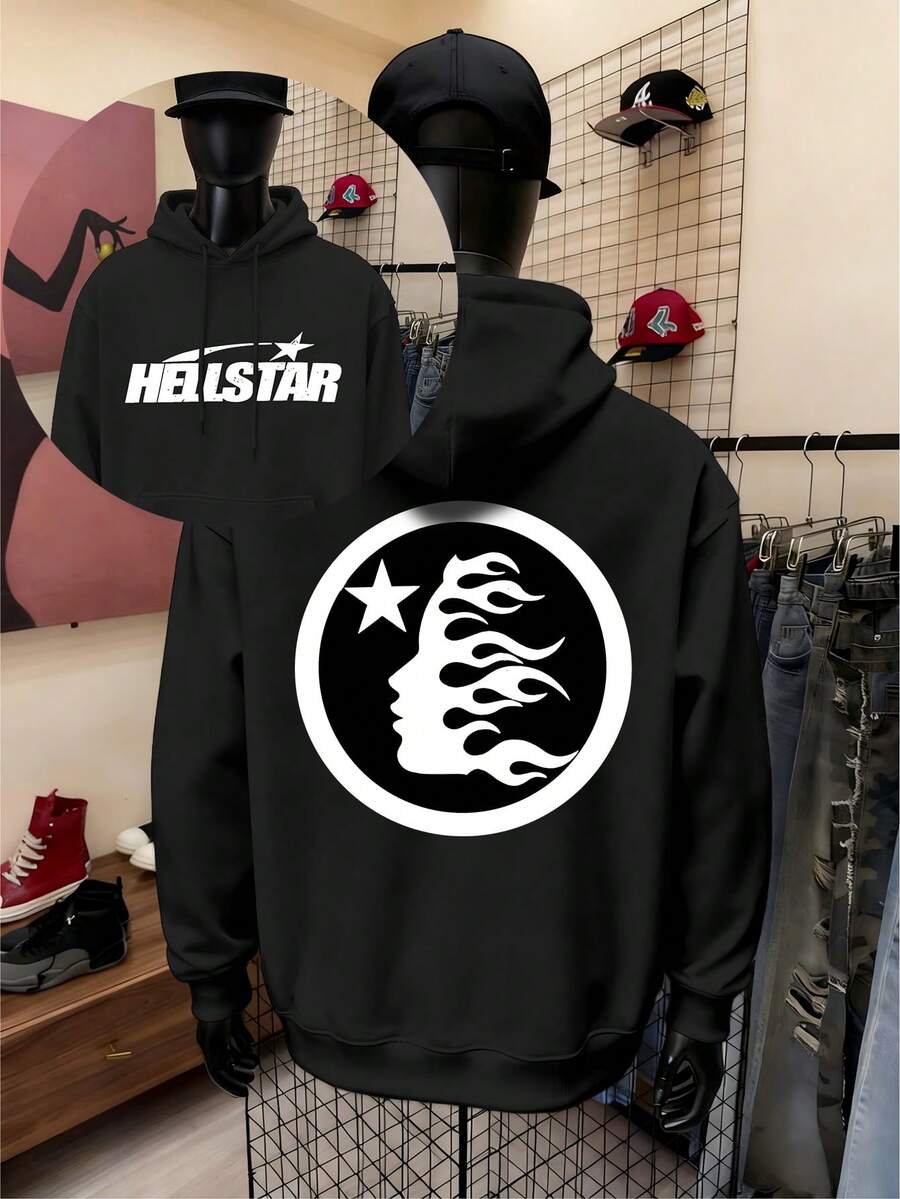 Unisex Fleece Lined Long-Sleeve Hoodie - Double-Sided HE'LL STAR Cool Graphic Print, Relaxed Fit, 270g 50% Cotton 50% Polyester Fleece Lined, Daily Wear For Fashion Enthusiasts,  Valentine's Day Recommendations,2025 Street Retro Style Piece