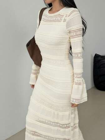 女士优雅荷叶边喇叭袖连衣裙，适合婚礼、办公、日常穿着，秋季皆宜。