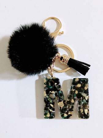 26pcs Cute Fluffy Ball Letter Keychain, Black Epoxy First Letter Bag Charm Pendant, Suitable For Party Favors