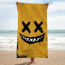 1pc Large Microfiber Quick-Dry Beach Towel - Yellow With Black Grinning Face Design, Lightweight & Soft Adults And Teens, Pool, Travel, Swim, Camping, Yoga & Picnic, Beach Towel - White - View 6