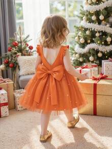 女婴短袖蝴蝶结薄纱橙色优雅圣诞派对礼服，公主裙，适合一周岁生日派对、宴会、婚礼花童装 - 橘色 - 查看 10