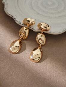 1 Pair Minimalist Versatile Geometric Asymmetrical Shiny Textured Mixed Metal Pendant Dangle Long Earrings, Women's Everyday Party Jewelry - Yellow Gold - View 3