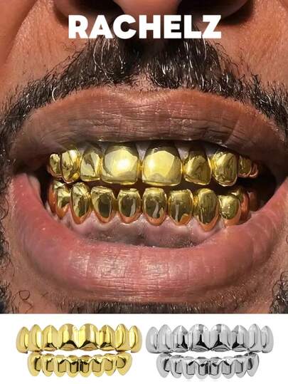 RACHELZ Classic 8/8 Hip Hop Glossy Teeth Grillz Braces Punk Smooth Surface Tooth Caps For Women Men Jewelry Christmas Cosplay Gift Wearable Daily Dental Grills