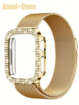 Banda y estuche compatibles con . Elegante y casual, perfecto tanto para hombres como para mujeres. Con una banda de acero inoxidable tejida con cierre magnético en forma de bucle, suave y transpirable, ajustable. Cuenta con una película protectora de PC y vidrio templado con diamantes brillantes, resistente a golpes y arañazos. Este estuche de dos en uno es compatible con Apple Watch Series Ultra/11/10/9/8/7/6/5/4/3/SE, con correas y estuches de 38/40/41/42/44/45/46/49mm.