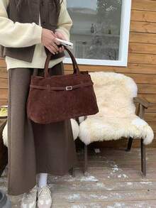 1 件装 女士秋冬新款 2025 棕色仿麂皮大容量手提包 | 复古风格顶部提手手提包，带搭扣装饰 | 多功能通勤工作包，适合办公室女士、大学生和年轻职业人士 | 柔软麂皮质感休闲购物单肩包 | 秋冬时尚大容量包 - 棕色 - 查看 5
