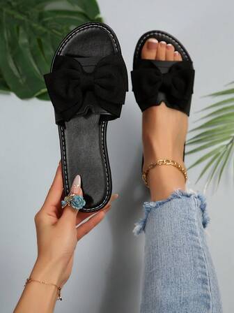 Women Bowknot Decor Flat Slippers, Round Toe Fashionable Casual Slides, Open Toe Simple Sandals