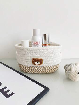 1 pieza Cesta de almacenamiento tejida con diseño de oso de dibujos animados, cesta de almacenamiento para habitación de bebé, organizador para suministros de bebé