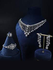 4pcs Copper Zirconia Tassel Jewelry Set - Necklace, Earrings, Bracelet, Ring, Luxury Sparkling Jewelry For Evening Party - Silver Tassel 4-piece Set - View 1