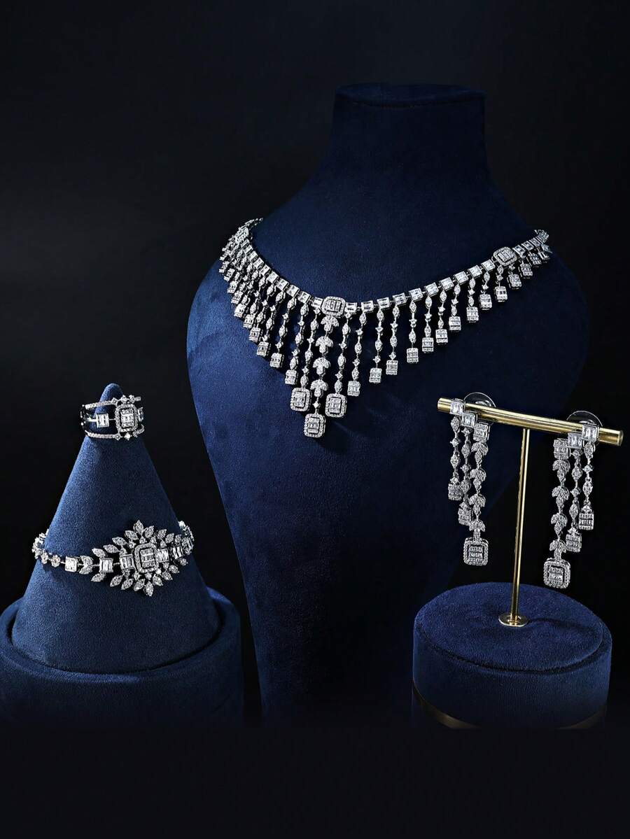 4pcs Copper Zirconia Tassel Jewelry Set - Necklace, Earrings, Bracelet, Ring, Luxury Sparkling Jewelry For Evening Party - Silver Tassel 4-piece Set - View 1