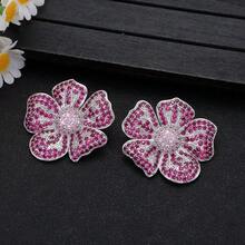 1 Pair Elegant Cubic Zirconia Flower Stud Earrings, Suitable For Women, Daily Wear/Luxury Party - Purple - View 3