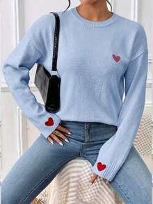 Nuevo suéter de moda 2025 para mujer con diseño de corazón del Día de San Valentín y hombros caídos. Es un versátil jersey de cuello redondo de manga larga, con un diseño elegante, suave y transpirable, adecuado para la temporada de otoño/invierno y el uso diario. - Azul - Ver 5