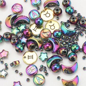 215颗多款式玻璃珠套装，包含星星、月亮、圆形珠子、字母星座金属吊牌，DIY首饰制作材料，可用于制作项链、手链、女士首饰、手机挂饰、钥匙扣，生日礼物、节日礼物