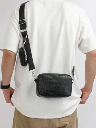 1 pezzo Borsa a tracolla in pelle PU da uomo, borsa quadrata con tracolla regolabile, resistente ai graffi e all'usura, tasca per passaporto, denaro, carta d'identità, carta di credito, leggera per pendolarismo/affari, grana coccodrillo, colore unito