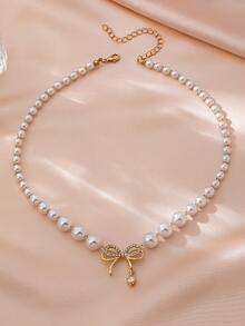 1件优雅水钻珍珠蝴蝶结项链，适合女士日常、约会、晚宴佩戴