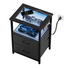 Tomnk 2 Drawers Night Stand With Charging Station & Glass Top, LED Nightstand With Enhanced Glow For USB Ports And Outlets, Bedside Table With 2 Fabric & PU Drawers, Modern End Table - 美規B型插(110-127V) - 查看 12