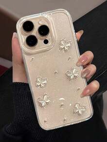 3D Diamante Openwork Bow & Metal Small Round Beads Transparent Epoxy Mobile Phone Case Compatible With IPhone 17/17Air/17Pro/17ProMax/16/15/14/13/12/11/X/XS/XR/Mini/Pro Max/Pro/Plus TPU Full Package Soft Case - White - View 4