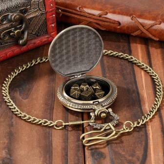 Juego de dados mini de con bolsa gratis, estuche de reloj de bolsillo con espada de dragón que incluye 7 dados poliédricos mini de metal D20 para juegos de rol, accesorios, MTG, regalos de Navidad personalizados para novio, ideas de regalo para hombres, regalos divertidos para adolescentes