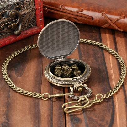 Mini Dice Set (With Free Pouch), Dragon Sword Pocket Watch Box, Includes 7pcs Multi-Sided D20 Metal Dice, Tabletop RPG Accessories. Personalized Christmas Gift (For Boyfriend), Creative Gifts For Men, Fun Gifts For Teens