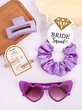 4pcs Bridesmaid Gift Set, Including Bridesmaid Hair Clips, Hair Ties, Glasses, Satin Soft Hair Accessories, Bridal Party Favors, Claw Clips