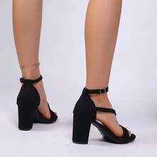Plus Size Women's Solid Color Buckle Strap High Heel Sandals, Commuter Style, Outdoor Summer - Black - View 3