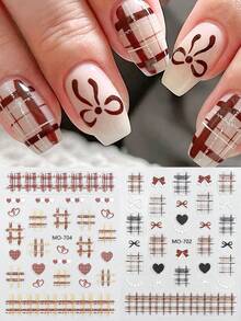 3D French Plaid Nail Stickers, Y2K Checkered Bow Heart Sweet & Kawaii Nail Decals,Brown Beige Textured Checkered Nail Art Decoration,DIY Nail Salon Sticker - Multicolor - View 1