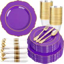 175-Piece Purple Plastic Tableware Set-Includes 50 Plates, 25 Packs Of Pre-Rolled Napkins (With Cutlery), And 25 Wedding-Themed Cups. Purple-Gold Two-Tone Disposable Tableware. Baroque-Style Plastic Tableware Set (Serves 25). - 紫色 - 查看 1