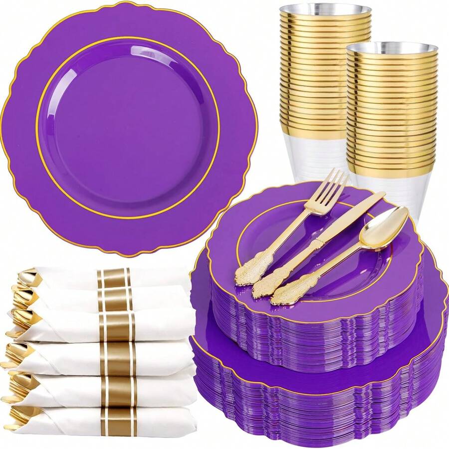 175-Piece Purple Plastic Tableware Set-Includes 50 Plates, 25 Packs Of Pre-Rolled Napkins (With Cutlery), And 25 Wedding-Themed Cups. Purple-Gold Two-Tone Disposable Tableware. Baroque-Style Plastic Tableware Set (Serves 25). - 紫色 - 查看 1