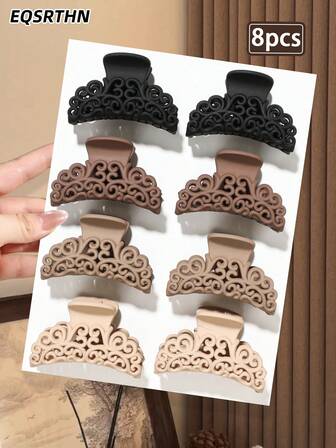 8pcs Vintage Carved Matte Hair Clips, Black/Brown/Coffee Elegant Colors, Half-Moon Design With Delicate Floral Pattern, Strong Spring Non-Slip Teeth, Suitable For Low Ponytail, Bun, Half-Up Hairstyles, Commute, Date, Party And More, Korean Ins-Inspired Hair Accessory Women Hair Claw Hair Clutch